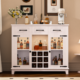 47" Modern Farmhouse Sideboard Buffet Coffee Bar Cabinet Storage Cabinet with LED Charging Station, Wine & Glass Rack,3 Drawers, for Kitchen