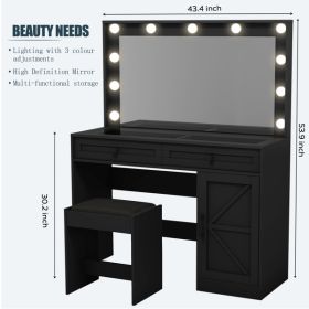 43.4"Makeup Vanity Table, Makeup Table with Large Mirror and 11 LED Light , Brightness Adjustable, Dressing Table Desk with 3 Drawers