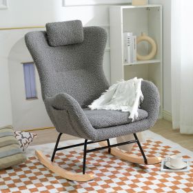 Rocking Chair Nursery, Teddy Upholstered Rocker Glider Chair with High Backrest, Adjustable Headrest & Pocket, Comfy Glider Chair for Nursery, Bedroom