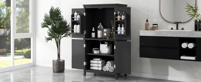 Elegant Bathroom Floor Storage Cabinet, Bathroom Storage Unit, Freestanding Cabinet with 4 Doors, Adjustable Shelves, Adaptable Shelves, Black