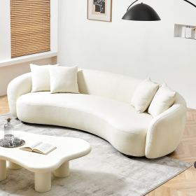 Modern Curved Sofa Mid-Century White Comfy Half Moon Teddy Fabric Couch,101" Upholstered with 4 Throw Pillows for Living Room