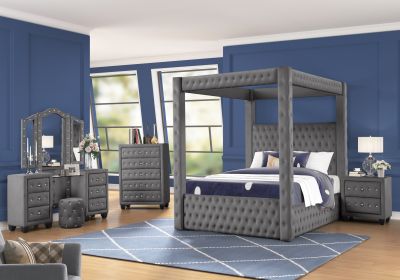 Monica luxurious Four-Poster Queen 5 Pc Vanity Bedroom Set Made with Wood in Gray