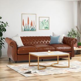 84.50'' Mid Century Cognac Brown 3-Seater Sofa, PU, Classic Retro Sofa with Rolled Arms – Modern, Elegant, and Comfortable Couch