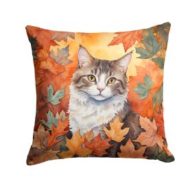 La Perm Cat in Fall Leaves Throw Pillow Machine Washable, Indoor Outdoor Decorative Pillow for Couch, Bed or Patio, 14Hx14W