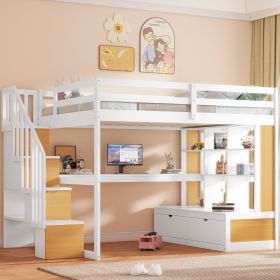 Full Size Loft Bed with Desk and Shelves, Two Built-in Drawers, Storage Staircase, White and Natural