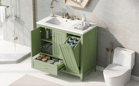 36" Bathroom Vanity with Sink, One Cabinet with Two doors and One Big Drawer and One Flip Drawer, Solid Wood and MDF Board, Green