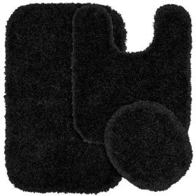 3 Piece Shaggy Nylon Washable Bathroom Rug (Color: Black)