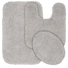 3 Piece Shaggy Nylon Washable Bathroom Rug (Color: Platinum Gray)